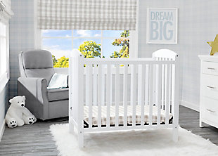 Working with limited square footage? No problem. This Mini Convertible Baby Crib with Mattress from Delta Children delivers the same versatility and style as a full-size crib, just in a scaled-down size. Small but mighty, this crib features a two-position mattress support that can be lowered as your baby grows, plus it easily converts into a twin bed when your child is ready (twin bed frame not included, sold separately). Arched panels on both ends of the crib add charm and make it a great option in small nurseries or grandma’s house. Includes mini-crib mattress.For any questions regarding delta children products, please contact consumersupport@deltachildren.com monday to friday, 8:30 a.m. To 6 p.m. (est) | Made of wood, engineered wood and metal | Includes a 2.75" thick mini-crib mattress, uses 24"x 38" crib sheets (sold separately) | Converts to a twin headboard (bed frame not included, sold separately) | Pair this crib with any delta children pieces in matching colors to complete your baby's nursery | 2 position metal mattress support system | Assembly required