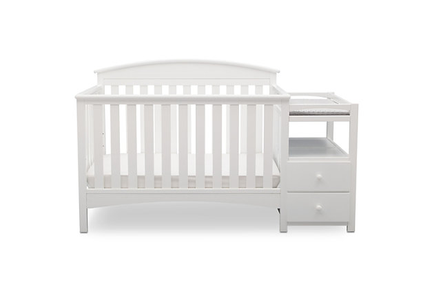 An all-in-one convertible crib that grows with baby, convenient changing table, even a storage piece—you’ll find so many ways to use the Abby Convertible Crib N Changer from Delta Children. The adjustable crib features three different mattress height positions, and converts to a toddler bed, daybed and full-size bed to accommodate their changing needs (Toddler Guardrail and Full Size Bed Frame sold separately). Plus, the attached changing table includes a water-resistant changing pad, two spacious drawers and an open shelf for easy organization. A space-saving solution, the Abby Convertible Crib N Changer from Delta Children will provide your child a safe and adaptable bed for years to come.For any questions regarding delta children products, please contact consumersupport@deltachildren.com monday to friday, 8:30 a.m. To 6 p.m. (est) | Made of wood, engineered wood and metal | Converts from crib to: toddler bed, daybed and full-size bed (daybed rail included; toddler guardrail &amp; full-size bed rails sold separately) | Changer includes 2 shelves and 2 wooden drawers | Water-resistant changing pad with safety strap included | Adjustable height mattress support with 3 convenient positions to grow with your baby | Fits standard size crib mattress (sold separately) | Assembly required