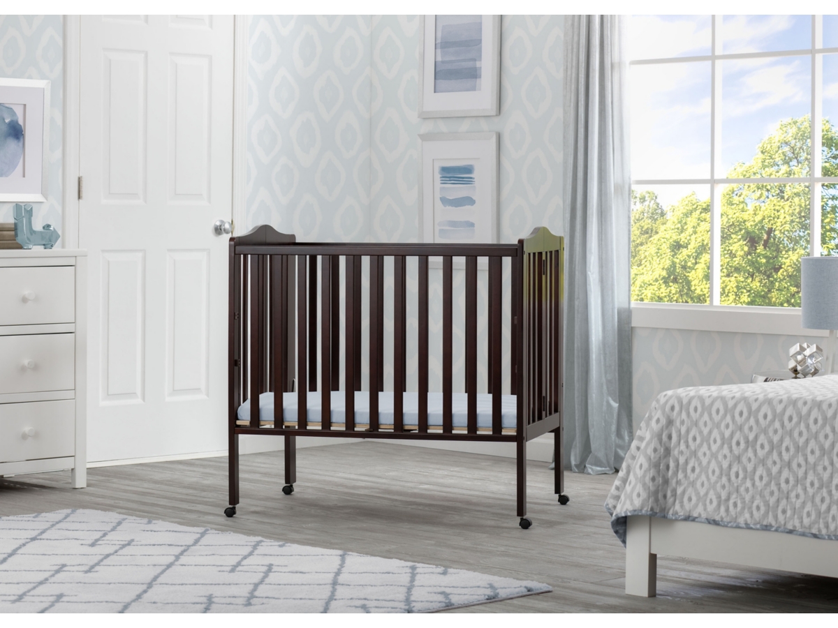 Delta Children Folding Portable Mini Crib With Mattress, Dark Chocolate, large