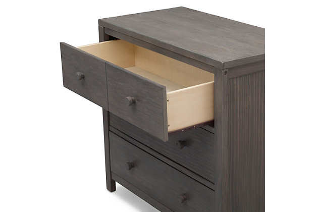 The rustic, extra-roomy Cambridge 3 Drawer Dresser from Delta Children features a unique textured finish that allows the deep grain of the wood to show through. Built to last, it has a smooth metal glide system with safety stops that prevents drawers from pulling out, making it easy and safe for kids to manage on their own. Complete your nursery with the coordinating Cambridge 4-in-1 Convertible Crib.For any questions regarding delta children products, please contact consumersupport@deltachildren.com monday to friday, 8:30 a.m. To 6 p.m. (est) | Made of wood, engineered wood and metal | Top drawer features a double drawer front that opens to reveal one spacious drawer | 3 spacious drawers feature metal drawer guides with safety stops | Assembly required