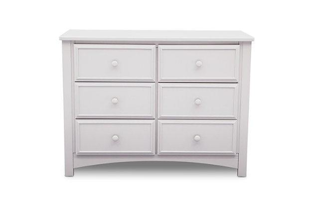 This 6 Drawer Dresser from Delta Children is as pretty as it is practical. Featuring six spacious drawers with wooden knobs, this strong and sturdy piece is built to last. The dresser drawers are equipped with a ball-bearing glide system, making it easy for kids to manage on their own. Extra features that ensure your child’s well-being include safety stops that prevent the drawers from falling out, as well as an included anti-tip kit.For any questions regarding delta children products, please contact consumersupport@deltachildren.com monday to friday, 8:30 a.m. To 6 p.m. (est) | Made of wood, engineered wood and metal | 6 smooth gliding drawers with ball-bearing construction and safety stops | Anti-tip kit included | Assembly required