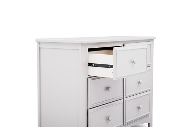 This 6 Drawer Dresser from Delta Children is as pretty as it is practical. Featuring six spacious drawers with wooden knobs, this strong and sturdy piece is built to last. The dresser drawers are equipped with a ball-bearing glide system, making it easy for kids to manage on their own. Extra features that ensure your child’s well-being include safety stops that prevent the drawers from falling out, as well as an included anti-tip kit.For any questions regarding delta children products, please contact consumersupport@deltachildren.com monday to friday, 8:30 a.m. To 6 p.m. (est) | Made of wood, engineered wood and metal | 6 smooth gliding drawers with ball-bearing construction and safety stops | Anti-tip kit included | Assembly required