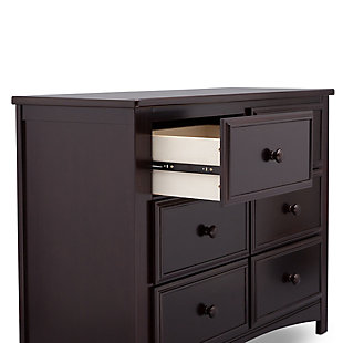 This 6 Drawer Dresser Set from Delta Children is as pretty as it is practical. Featuring six spacious drawers with wooden knobs, this strong and sturdy piece is built to last. The dresser drawers are equipped with a ball-bearing glide system, making it easy for kids to manage on their own. Extra features that ensure your child’s well-being include safety stops that prevent the drawers from falling out, as well as an included anti-tip kit. Add additional functionality to your dresser with the Delta Changing Top. The Changing Top securely attaches to the dresser, offering a dedicated space for changing or dressing your baby. Once your child has outgrown the need for a changing table, the top can easily be removed. Changing pad required (sold separately).Includes Delta 6 Drawer Dresser and Changing Top | Made of wood, engineered wood and metal | Top drawer features a double drawer front that opens to reveal one spacious drawer | 6 smooth gliding drawers with ball-bearing construction and safety stops | Solid wood changing top securely mounts to the dresser, removes easily | Requires a 34" x 16" x 1" changing pad (sold separately) | Anti-tip kit included | Assembly required | For any questions regarding Delta Children products, please contact consumersupport@deltachildren.com. Monday to Friday, 8:30 a.m. to 6 p.m. (EST)