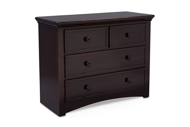 Equipped with a bounty of storage space, this 4 Drawer Dresser from Serta offers timeless appeal. Fashioned with elegant arch detailing at the bottom, this sturdy dresser is outfitted with  ball-bearing smooth gliding drawers with safety stops, which prevent the drawers from falling out. The wooden knobs are easy to grasp, making it the perfect addition in a child’s room, yet the sophisticated styling works in adult spaces, too.For any questions regarding delta children products, please contact consumersupport@deltachildren.com monday to friday, 8:30 a.m. To 6 p.m. (est) | Made of wood, engineered wood and metal | 4 smooth gliding drawers with ball-bearing construction and safety stops | Anti-tip kit included | Assembly required