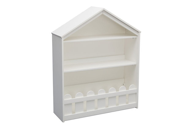 Perfect for the playroom or a child's bedroom, the Happy Home Storage Bookcase from Serta is the dreamiest way to store books and toys. Sure to inspire hours of imaginative play, this beautifully crafted accent piece features details like a gabled roofline, picket fence trim and strong wood construction. Designed to hold books, toys and more, the Happy Home Storage Bookcase is outfitted with two fixed shelves, plus an open cubby on the bottom for larger items.For any questions regarding delta children products, please contact consumersupport@deltachildren.com monday to friday, 8:30 a.m. To 6 p.m. (est) | Made of wood | Two fixed shelves with open cubby on the bottom for additional storage | Includes anti-tip kit | Assembly required