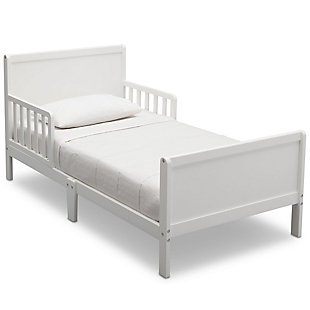 Sweet dreams are made of this. Merging a clean profile with cozy comfort, this toddler bed is high style, sized accordingly. Designed to give them the “big kid” bed they crave while including a few modifications to put you at ease, this bed will have everyone resting easy. Low to the ground profile makes it easy for your little one to get in and out of bed on their own, while the attached guardrails are both pretty and practical. Best of all, your existing full-size crib mattress (sold separately) will fit this toddler bed to a T.For any questions regarding delta children products, please contact consumersupport@deltachildren.com monday to friday, 8:30 a.m. To 6 p.m. (est) | Made of wood | White finish | Transitional design | Fits full-size crib mattress; sold separately | Low profile with guardrails on each side | Assembly required
