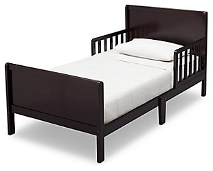 Sweet dreams are made of this. Merging a clean profile with cozy comfort, this toddler bed is high style, sized accordingly. Designed to give them the “big kid” bed they crave while including a few modifications to put you at ease, this bed will have everyone resting easy. Low to the ground profile makes it easy for your little one to get in and out of bed on their own, while the attached guardrails are both pretty and practical. Best of all, your existing full-size crib mattress (sold separately) will fit this toddler bed to a T.For any questions regarding delta children products, please contact consumersupport@deltachildren.com monday to friday, 8:30 a.m. To 6 p.m. (est) | Made of wood | Dark brown finish | Transitional design | Fits full-size crib mattress; sold separately | Low profile with guardrails on each side | Assembly required