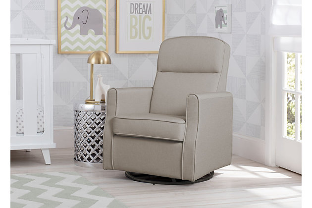 Nothing ensures sweet dreams better than the cradling comfort of this swivel glider rocking chair. Smooth gliding motion and a streamlined silhouette allow you to sink-in and snuggle up with your baby, no matter how much floor space you have available. Rest assured, this chair’s durable woven upholstery in easy-clean polyester will stand up to life’s little accidents. Style elements include neutral hued upholstery and plushly padded cushions and armrests with fashion-forward flair.For any questions regarding delta children products, please contact consumersupport@deltachildren.com monday to friday, 8:30 a.m. To 6 p.m. (est) | Made of wood with steel glide and swivel mechanisms | Slim profile | Tan polyester upholstery | Attached back and loose seat cushions | High-resiliency foam cushions wrapped in thick poly fiber | Whisper quiet, gentle glide and rocking motion | Assembly required