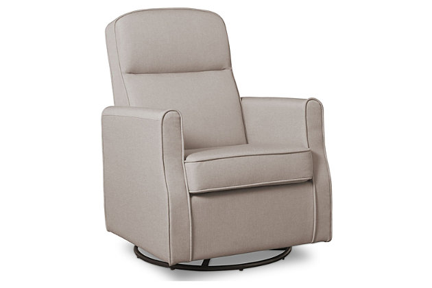 Nothing ensures sweet dreams better than the cradling comfort of this swivel glider rocking chair. Smooth gliding motion and a streamlined silhouette allow you to sink-in and snuggle up with your baby, no matter how much floor space you have available. Rest assured, this chair’s durable woven upholstery in easy-clean polyester will stand up to life’s little accidents. Style elements include neutral hued upholstery and plushly padded cushions and armrests with fashion-forward flair.For any questions regarding delta children products, please contact consumersupport@deltachildren.com monday to friday, 8:30 a.m. To 6 p.m. (est) | Made of wood with steel glide and swivel mechanisms | Slim profile | Tan polyester upholstery | Attached back and loose seat cushions | High-resiliency foam cushions wrapped in thick poly fiber | Whisper quiet, gentle glide and rocking motion | Assembly required