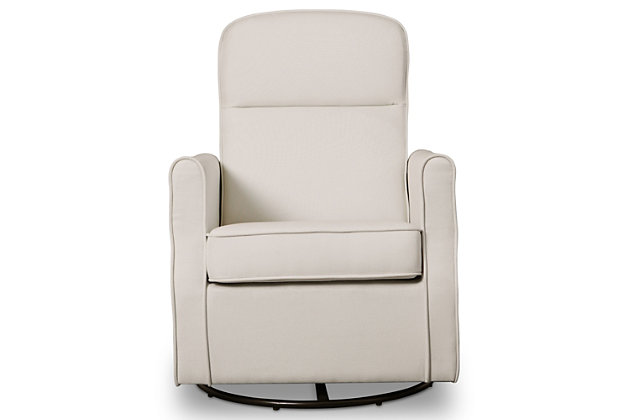Nothing ensures sweet dreams better than the cradling comfort of this swivel glider rocking chair. Smooth gliding motion and a streamlined silhouette allow you to sink-in and snuggle up with your baby, no matter how much floor space you have available. Rest assured, this chair’s durable woven upholstery in easy-clean polyester will stand up to life’s little accidents. Style elements include neutral hued upholstery and plushly padded cushions and armrests with fashion-forward flair.For any questions regarding delta children products, please contact consumersupport@deltachildren.com monday to friday, 8:30 a.m. To 6 p.m. (est) | Made of wood with steel glide and swivel mechanisms | Slim profile | Cream polyester upholstery | Attached back and loose seat cushions | High-resiliency foam cushions wrapped in thick poly fiber | Whisper quiet, gentle glide and rocking motion | Assembly required