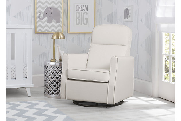 Nothing ensures sweet dreams better than the cradling comfort of this swivel glider rocking chair. Smooth gliding motion and a streamlined silhouette allow you to sink-in and snuggle up with your baby, no matter how much floor space you have available. Rest assured, this chair’s durable woven upholstery in easy-clean polyester will stand up to life’s little accidents. Style elements include neutral hued upholstery and plushly padded cushions and armrests with fashion-forward flair.For any questions regarding delta children products, please contact consumersupport@deltachildren.com monday to friday, 8:30 a.m. To 6 p.m. (est) | Made of wood with steel glide and swivel mechanisms | Slim profile | Cream polyester upholstery | Attached back and loose seat cushions | High-resiliency foam cushions wrapped in thick poly fiber | Whisper quiet, gentle glide and rocking motion | Assembly required