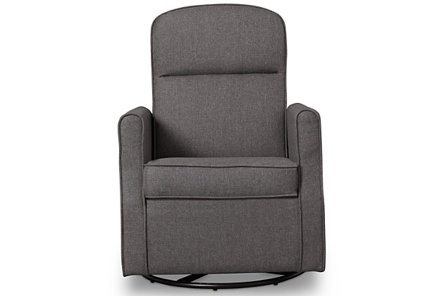 Nothing ensures sweet dreams better than the cradling comfort of this swivel glider rocking chair. Smooth gliding motion and a streamlined silhouette allow you to sink-in and snuggle up with your baby, no matter how much floor space you have available. Rest assured, this chair’s durable woven upholstery in easy-clean polyester will stand up to life’s little accidents. Style elements include neutral hued upholstery and plushly padded cushions and armrests with fashion-forward flair.For any questions regarding delta children products, please contact consumersupport@deltachildren.com monday to friday, 8:30 a.m. To 6 p.m. (est) | Made of wood with steel glide and swivel mechanisms | Slim profile | Gray polyester upholstery | Attached back and loose seat cushions | High-resiliency foam cushions wrapped in thick poly fiber | Whisper quiet, gentle glide and rocking motion | Assembly required