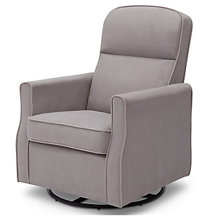 Nothing ensures sweet dreams better than the cradling comfort of this swivel glider roc chair. Smooth gliding motion and a streamlined silhouette allow you to sink-in and snuggle up with your baby, no matter how much floor space you have available. Rest assured, this chair’s durable woven upholstery in easy-clean polyester will stand up to life’s little accidents. Style elements include neutral hued upholstery and plushly padded cushions and armrests with fashion-forward flair.For any questions regarding delta children products, please contact consumersupport@deltachildren.com monday to friday, 8:30 a.m. To 6 p.m. (est) | Made of wood with steel glide and swivel mechanisms | Slim profile | Dove gray polyester upholstery | Attached back and loose seat cushions | High-resiliency foam cushions wrapped in thick poly fiber | Whisper quiet, gentle glide and roc motion | Assembly required