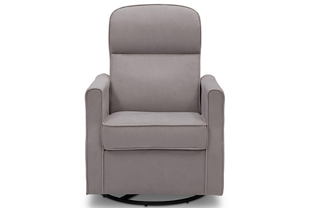 Nothing ensures sweet dreams better than the cradling comfort of this swivel glider rocking chair. Smooth gliding motion and a streamlined silhouette allow you to sink-in and snuggle up with your baby, no matter how much floor space you have available. Rest assured, this chair’s durable woven upholstery in easy-clean polyester will stand up to life’s little accidents. Style elements include neutral hued upholstery and plushly padded cushions and armrests with fashion-forward flair.For any questions regarding delta children products, please contact consumersupport@deltachildren.com monday to friday, 8:30 a.m. To 6 p.m. (est) | Made of wood with steel glide and swivel mechanisms | Slim profile | Dove gray polyester upholstery | Attached back and loose seat cushions | High-resiliency foam cushions wrapped in thick poly fiber | Whisper quiet, gentle glide and rocking motion | Assembly required