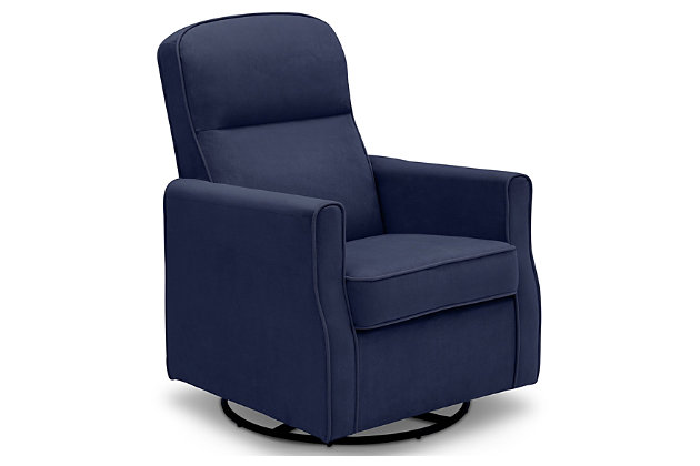 Nothing ensures sweet dreams better than the cradling comfort of this swivel glider rocking chair. Smooth gliding motion and a streamlined silhouette allow you to sink-in and snuggle up with your baby, no matter how much floor space you have available. Rest assured, this chair’s durable woven upholstery in easy-clean polyester will stand up to life’s little accidents. Style elements include neutral hued upholstery and plushly padded cushions and armrests with fashion-forward flair.For any questions regarding delta children products, please contact consumersupport@deltachildren.com monday to friday, 8:30 a.m. To 6 p.m. (est) | Made of wood with steel glide and swivel mechanisms | Slim profile | Navy polyester upholstery | Attached back and loose seat cushions | High-resiliency foam cushions wrapped in thick poly fiber | Whisper quiet, gentle glide and rocking motion | Assembly required