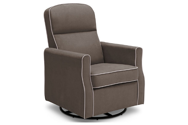 Nothing ensures sweet dreams better than the cradling comfort of this swivel glider rocking chair. Smooth gliding motion and a streamlined silhouette allow you to sink-in and snuggle up with your baby, no matter how much floor space you have available. Rest assured, this chair’s durable woven upholstery in easy-clean polyester will stand up to life’s little accidents. Style elements include neutral hued upholstery and plushly padded cushions and armrests with fashion-forward flair.For any questions regarding delta children products, please contact consumersupport@deltachildren.com monday to friday, 8:30 a.m. To 6 p.m. (est) | Made of wood with steel glide and swivel mechanisms | Slim profile | Graphite with dove gray welting polyester upholstery | Attached back and loose seat cushions | High-resiliency foam cushions wrapped in thick poly fiber | Whisper quiet, gentle glide and rocking motion | Assembly required