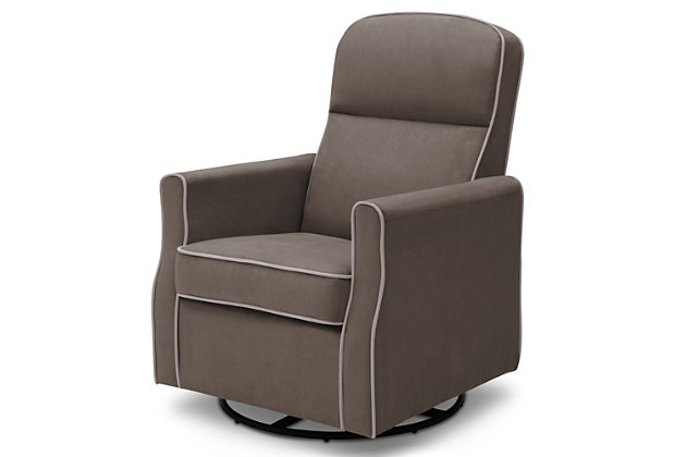 Nothing ensures sweet dreams better than the cradling comfort of this swivel glider rocking chair. Smooth gliding motion and a streamlined silhouette allow you to sink-in and snuggle up with your baby, no matter how much floor space you have available. Rest assured, this chair’s durable woven upholstery in easy-clean polyester will stand up to life’s little accidents. Style elements include neutral hued upholstery and plushly padded cushions and armrests with fashion-forward flair.For any questions regarding delta children products, please contact consumersupport@deltachildren.com monday to friday, 8:30 a.m. To 6 p.m. (est) | Made of wood with steel glide and swivel mechanisms | Slim profile | Graphite with dove gray welting polyester upholstery | Attached back and loose seat cushions | High-resiliency foam cushions wrapped in thick poly fiber | Whisper quiet, gentle glide and rocking motion | Assembly required