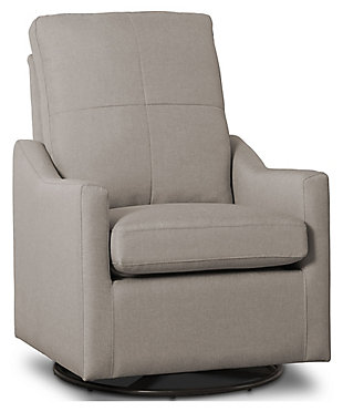 Nothing ensures sweet dreams better than the cradling comfort of this swivel glider rocking chair. Smooth gliding motion and a streamlined silhouette allow you to sink-in and snuggle up with your baby, no matter how much floor space you have available. Rest assured, this chair’s durable woven upholstery in easy-clean polyester will stand up to life’s little accidents. Style elements include neutral hued upholstery and plushly padded cushions and armrests with fashion-forward flair.For any questions regarding delta children products, please contact consumersupport@deltachildren.com monday to friday, 8:30 a.m. To 6 p.m. (est) | Made of wood with steel glide and swivel mechanisms | Slim profile | Taupe polyester upholstery | Attached back and loose seat cushions | Pocketed coil spring seat cushion for long lasting support | Whisper quiet, gentle glide and rocking motion | Assembly required | Ships directly from third party vendor. See Warranty Information page for terms & conditions.