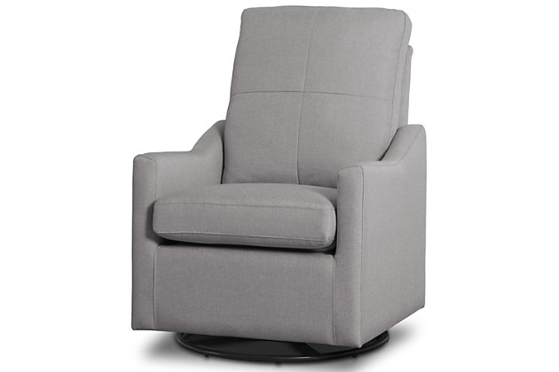 Nothing ensures sweet dreams better than the cradling comfort of this swivel glider rocking chair. Smooth gliding motion and a streamlined silhouette allow you to sink-in and snuggle up with your baby, no matter how much floor space you have available. Rest assured, this chair’s durable woven upholstery in easy-clean polyester will stand up to life’s little accidents. Style elements include neutral hued upholstery and plushly padded cushions and armrests with fashion-forward flair.For any questions regarding delta children products, please contact consumersupport@deltachildren.com monday to friday, 8:30 a.m. To 6 p.m. (est) | Made of wood with steel glide and swivel mechanisms | Slim profile | French gray polyester upholstery | Attached back and loose seat cushions | Pocketed coil spring seat cushion for long lasting support | Whisper quiet, gentle glide and rocking motion | Assembly required