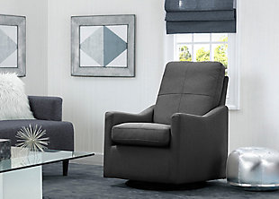 Nothing ensures sweet dreams better than the cradling comfort of this swivel glider rocking chair. Smooth gliding motion and a streamlined silhouette allow you to sink-in and snuggle up with your baby, no matter how much floor space you have available. Rest assured, this chair’s durable woven upholstery in easy-clean polyester will stand up to life’s little accidents. Style elements include neutral hued upholstery and plushly padded cushions and armrests with fashion-forward flair.For any questions regarding delta children products, please contact consumersupport@deltachildren.com monday to friday, 8:30 a.m. To 6 p.m. (est) | Made of wood with steel glide and swivel mechanisms | Slim profile | Charcoal gray polyester upholstery | Attached back and loose seat cushions | Pocketed coil spring seat cushion for long lasting support | Whisper quiet, gentle glide and rocking motion | Assembly required