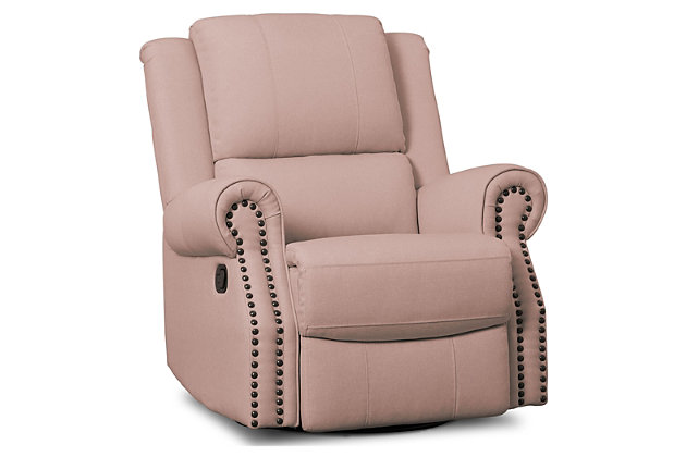 Prepare to take pampering to the next level with the indulgent styling of this 3-in-1 swivel rocker recliner nursery chair. Let the luxurious padded arms and thick bustle-back cushions cradle you in comfort as you cuddle with baby. Plush upholstery and a soothing glide motion make the recliner even cozier. When total relaxation is the goal, two recline settings will put you at ease from head to toe.For any questions regarding delta children products, please contact consumersupport@deltachildren.com monday to friday, 8:30 a.m. To 6 p.m. (est) | Made of wood with steel glide and swivel mechanisms | Blush polyester upholstery | Gentle swivel and gliding motion | Pull tab reclining motion | Nailhead trim | Assembly required