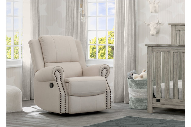 Prepare to take pampering to the next level with the indulgent styling of this 3-in-1 swivel rocker recliner nursery chair. Let the luxurious padded arms and thick bustle-back cushions cradle you in comfort as you cuddle with baby. Plush upholstery and a soothing glide motion make the recliner even cozier. When total relaxation is the goal, two recline settings will put you at ease from head to toe.For any questions regarding delta children products, please contact consumersupport@deltachildren.com monday to friday, 8:30 a.m. To 6 p.m. (est) | Made of wood with steel glide and swivel mechanisms | Flax polyester upholstery | Gentle swivel and gliding motion | Pull tab reclining motion | Nailhead trim | Assembly required