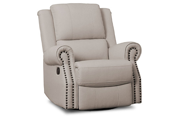 Prepare to take pampering to the next level with the indulgent styling of this 3-in-1 swivel rocker recliner nursery chair. Let the luxurious padded arms and thick bustle-back cushions cradle you in comfort as you cuddle with baby. Plush upholstery and a soothing glide motion make the recliner even cozier. When total relaxation is the goal, two recline settings will put you at ease from head to toe.For any questions regarding delta children products, please contact consumersupport@deltachildren.com monday to friday, 8:30 a.m. To 6 p.m. (est) | Made of wood with steel glide and swivel mechanisms | Flax polyester upholstery | Gentle swivel and gliding motion | Pull tab reclining motion | Nailhead trim | Assembly required