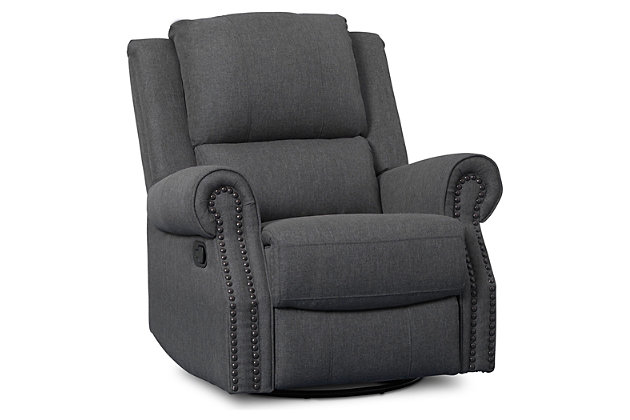 Prepare to take pampering to the next level with the indulgent styling of this 3-in-1 swivel rocker recliner nursery chair. Let the luxurious padded arms and thick bustle-back cushions cradle you in comfort as you cuddle with baby. Plush upholstery and a soothing glide motion make the recliner even cozier. When total relaxation is the goal, two recline settings will put you at ease from head to toe.For any questions regarding delta children products, please contact consumersupport@deltachildren.com monday to friday, 8:30 a.m. To 6 p.m. (est) | Made of wood with steel glide and swivel mechanisms | Charcoal gray polyester upholstery | Gentle swivel and gliding motion | Pull tab reclining motion | Nailhead trim | Assembly required