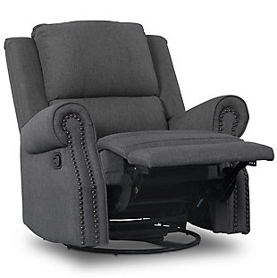 Prepare to take pampering to the next level with the indulgent styling of this 3-in-1 swivel rocker recliner nursery chair. Let the luxurious padded arms and thick bustle-back cushions cradle you in comfort as you cuddle with baby. Plush upholstery and a soothing glide motion make the recliner even cozier. When total relaxation is the goal, two recline settings will put you at ease from head to toe.For any questions regarding delta children products, please contact consumersupport@deltachildren.com monday to friday, 8:30 a.m. To 6 p.m. (est) | Made of wood with steel glide and swivel mechanisms | Charcoal gray polyester upholstery | Gentle swivel and gliding motion | Pull tab reclining motion | Nailhead trim | Assembly required