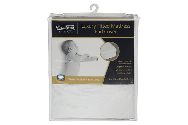 The Beautyrest Black® Luxury Fitted Mattress Pad Cover helps your baby achieve a good night’s sleep each and every night. Luxurious fabric and a soft quilted top provide an additional layer of comfort for a rejuvenating sleep environment while the waterproof backing protects your baby’s mattress from spills, leaks and stains. Finished with elastic edges, this baby mattress pad cover will stay securely in place as your little one sleeps. Fits standard size crib mattresses and toddler bed mattresses.For any questions regarding delta children products, please contact consumersupport@deltachildren.com monday to friday, 8:30 a.m. To 6 p.m. (est) | Fits standard size crib mattresses and toddler bed mattresses (sold separately) | Luxuriously soft quilted top provides an extra layer of comfort—no noisy “crinkling” sounds | Waterproof backing protects the mattress from spills, leaks and stains | Machine wash warm, tumble dry low | Top: 100% cotton; filling, bottom and skirt: 100% polyester