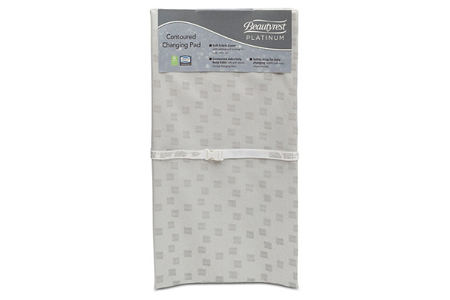 Your baby will be comfortable and safe come changing time with the Beautyrest Platinum Contoured Changing Pad! Made with a soft fabric cover with a waterproof backing, this easy-to-clean changing pad is durable enough for everyday use. The contoured sides gently cradle baby while the safety belt keeps them securely in place. Security tabs on the back of the pad keep it attached to furniture and the non-skid bottom helps so it won’t slip or move. Get the Beautyrest Platinum Contoured Changing Pad and turn any surface into a completely safe changing table or dressing station. Fits most changing tables.For any questions regarding delta children products, please contact consumersupport@deltachildren.com monday to friday, 8:30 a.m. To 6 p.m. (est) | Foam construction ensures comfort and stability | 2 contoured sides gently cradle baby | Soft fabric cover provides soothing comfort and features a waterproof backing for easy cleanup | Universal size fits most changing tables | Safety belt keeps baby securely in place | Security tabs on the back of the pad attach it to furniture | Non-skid bottom helps keep it in place | Limited 90-day warranty