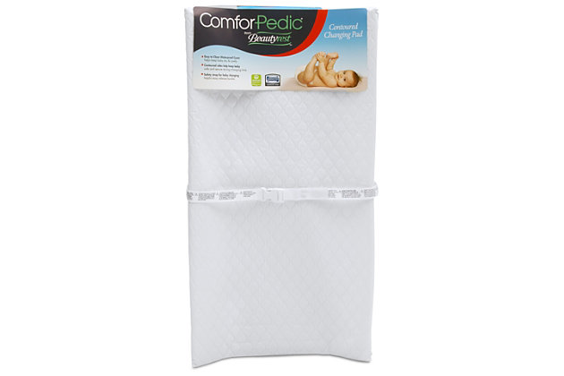 Your baby will be comfortable and safe come changing time with the ComforPedic from Beautyrest Contoured Changing Pad. Designed with contoured sides and a quick release safety belt, this changing pad ensures your baby is secure while you change or dress them. The included changing pad cover is quilted and waterproof to help make it easy to clean. Plus, this changing pad features straps that easily adhere to your dresser or changing table to create a completely safe changing area. Fits most changing tables.For any questions regarding delta children products, please contact consumersupport@deltachildren.com monday to friday, 8:30 a.m. To 6 p.m. (est) | Easy to clean waterproof cover | Safety strap with easy release buckle for baby’s safety | Contoured sides help keep baby safe and secure during changing time