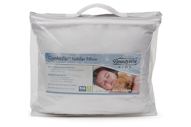 Your little one will zip their way to the perfect kids’ pillow with the ComforZip Toddler Pillow from Beautyrest KIDS. The pillow’s revolutionary patent-pending design allows your child to adjust the firmness level to create a pillow that’s just right for them. For firm support, zip up both sides. For medium support, unzip one side. For soft support, unzip both sides--–the possibilities are as endless as they are comfy. A must-have for children making the transition to a big-kid bed, this pillow will help them get the good night’s sleep they need and deserve with its clever construction. The pillow’s included natural cotton pillowcase is removable, and can easily be machine-washed. Zip it up (or down!) today.For any questions regarding delta children products, please contact consumersupport@deltachildren.com monday to friday, 8:30 a.m. To 6 p.m. (est) | For toddlers and kids aged 2-5 years | Adjust the pillow’s firmness level by zipping or unzipping the sides | For firm support, zip up both sides | For medium support, unzip one side | For soft support, unzip both sides | Natural cotton pillowcase is removable and machine washable