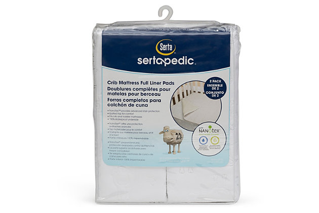 Ensure a safe, comfortable and healthy sleep surface for your baby with these Serta Sertapedic Crib Mattress Liner Pads. This pack includes two liners, thoughtfully designed to help maintain the safety and hygiene of your little one’s mattress. A quilted top adds an additional layer of comfort while the 100% waterproof backing with Nanotex Stain Repel and Release provides exceptional stain protection. The pad creates an advanced barrier that protects the mattress from leaks, spills, stains and odors. Fits standard size crib mattresses and toddler bed mattresses (mattress sold separately).For any questions regarding delta children products, please contact consumersupport@deltachildren.com monday to friday, 8:30 a.m. To 6 p.m. (est) | Polyester top fabric is treated with nanotex stain repel and release to create barrier of advanced protection from spills, leaks, stains and odors | Backing of liner is 100% waterproof | Fits standard size crib mattresses and toddler bed mattresses (sold separately) | Rounded corners mimic the shape of the mattress | 100% polyester | Soft quilted top provides an extra layer of comfort—no noisy “crinkling” sounds | Machine wash warm, tumble dry low