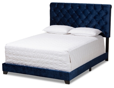 Velvet Queen Upholstered Bed, Navy, grid