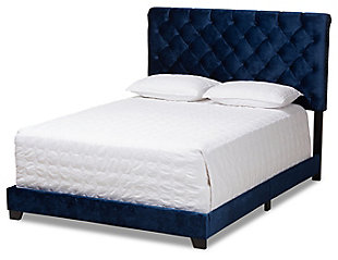 Velvet Full Upholstered Bed, Navy, large