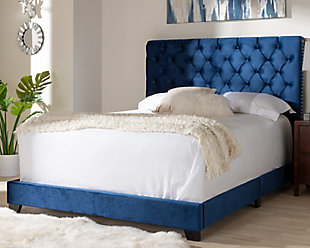 Velvet Queen Upholstered Bed, Navy, rollover