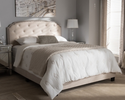 Button Tufted Upholstered Bed, Beige