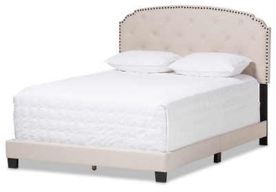 Button Tufted Upholstered Bed, Beige, grid