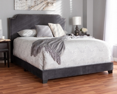 Velvet Full Upholstered Bed, Dark Gray, large
