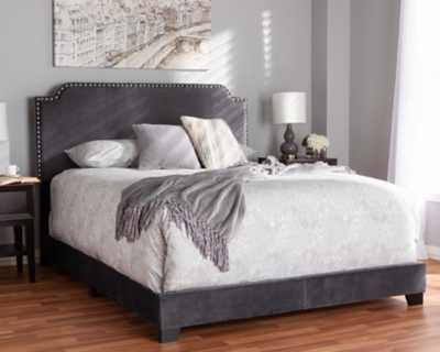 Velvet Queen Upholstered Bed, Dark Gray, large