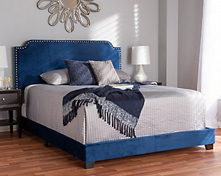 Velvet Queen Upholstered Bed, Navy, rollover