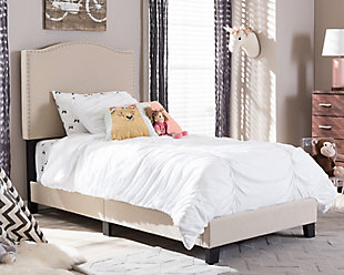 Linen Linen Twin Upholstered Bed, Beige, rollover