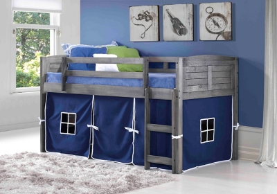 Kids Louvered Twin Low Loft Bed With Tent, Antique Gray/Blue, large
