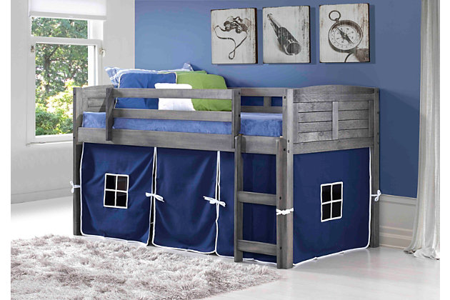 Create the bedroom of their dreams with this louvered twin low loft bed with tent. Quality crafted with pine wood for sturdy construction made for years of enjoyment, this loft bed offers space-saving convenience. The tent creates a hidden space under the bed that's great for "camping in," play time, toy storage and more.Includes twin low loft bed with blue tent | Made of pine wood and engineered wood | White finish | Mattress ready slat system | Built-in ladder and guard rail | Lacquer finish for easy cleaning | Assembly required