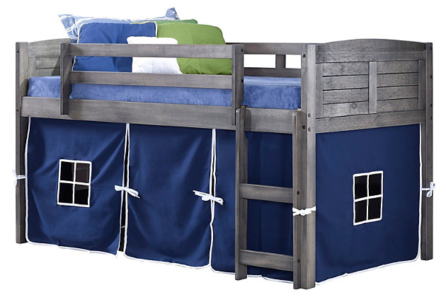 Create the bedroom of their dreams with this louvered twin low loft bed with tent. Quality crafted with pine wood for sturdy construction made for years of enjoyment, this loft bed offers space-saving convenience. The tent creates a hidden space under the bed that's great for "camping in," play time, toy storage and more.Includes twin low loft bed with blue tent | Made of pine wood and engineered wood | White finish | Mattress ready slat system | Built-in ladder and guard rail | Lacquer finish for easy cleaning | Assembly required
