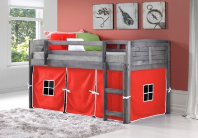 Kids Louvered Twin Low Loft Bed With Tent, Antique Gray/Red