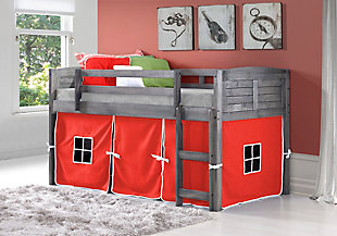 Kids Louvered Twin Low Loft Bed With Tent, Antique Gray/Red, rollover