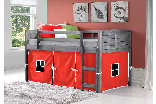 Create the bedroom of their dreams with this louvered twin low loft bed with tent. Quality crafted with pine wood for sturdy construction made for years of enjoyment, this loft bed offers space-saving convenience. The tent creates a hidden space under the bed that's great for "camping in," play time, toy storage and more.Includes twin low loft bed with red tent | Made of pine wood and engineered wood | White finish | Mattress ready slat system | Built-in ladder and guard rail | Lacquer finish for easy cleaning | Assembly required