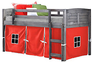 Kids Louvered Twin Low Loft Bed With Tent, Antique Gray/Red, large